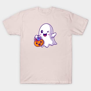 Cute Ghost Holding Candy Basket Pumpkin Cartoon T-Shirt